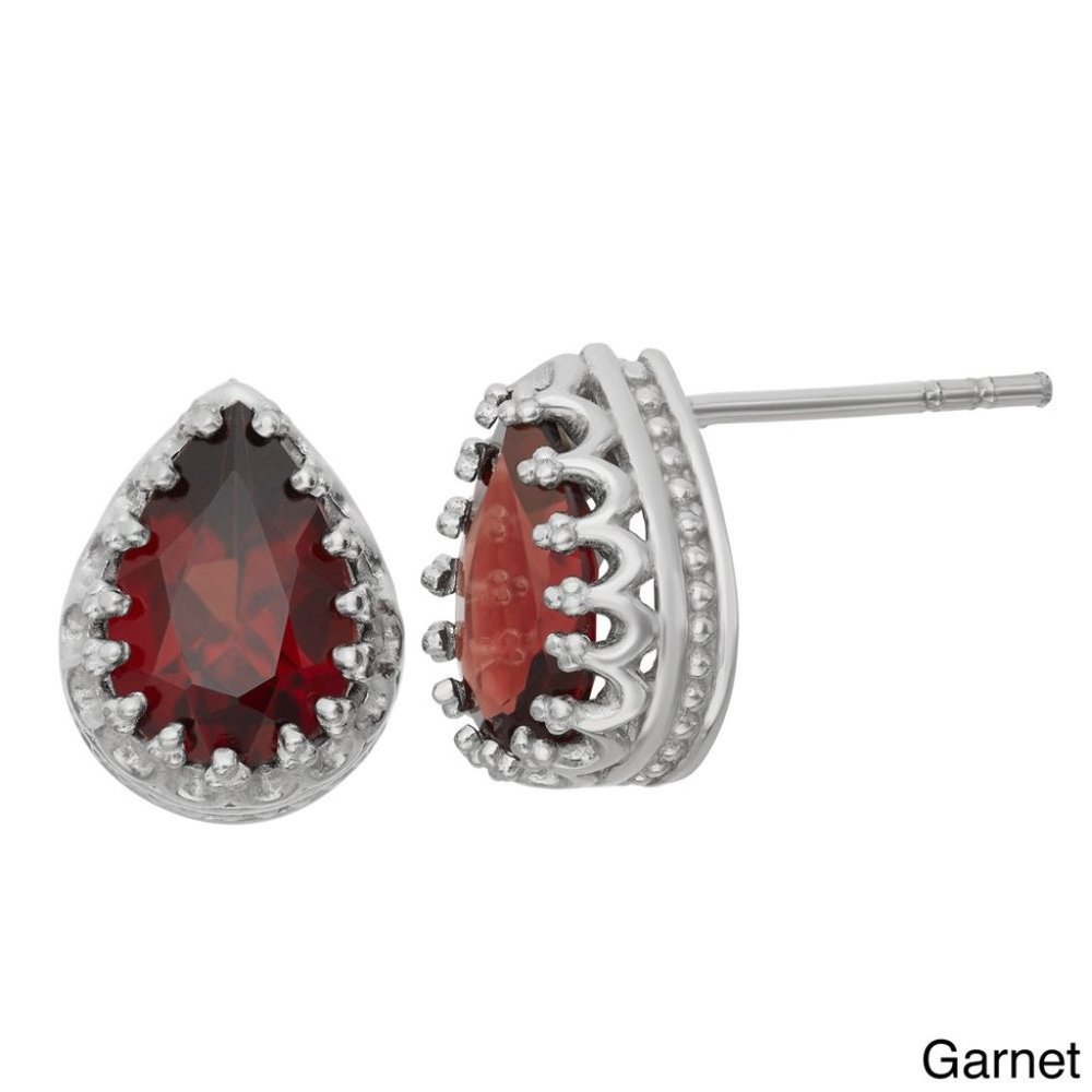 Sterling Silver Pear-cut Garnet Crown Earrings